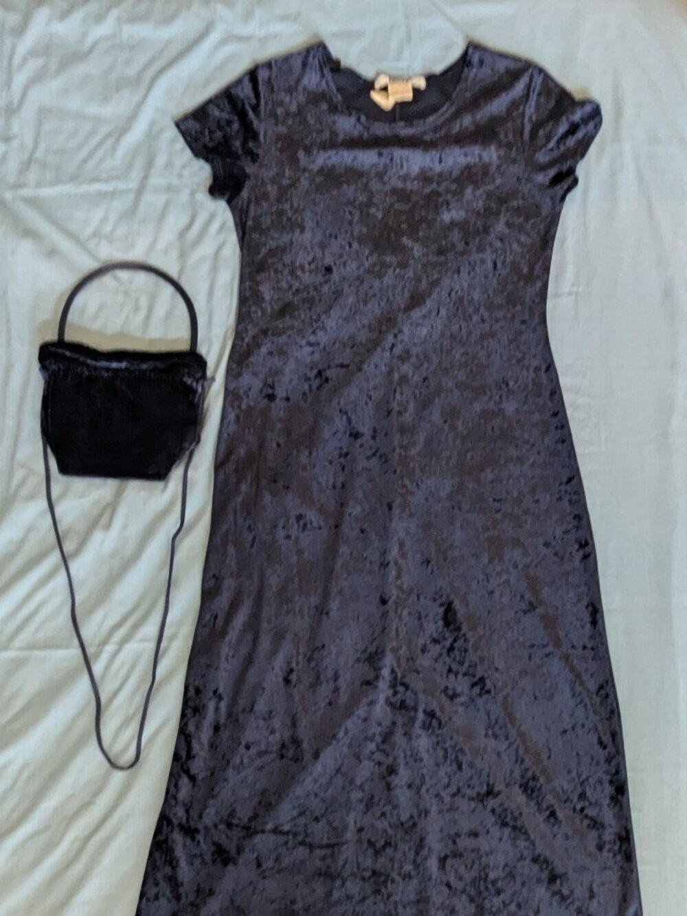 Vintage 90s Whimsigoth Blue Faux Crushed Velvet Maxi Dress & Matching Bag Set